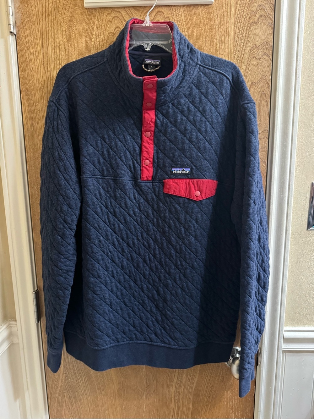 Patagonia Worn Wear Mens Organic Cotton Quilt Snap-T Pullover Navy Blue Red XL